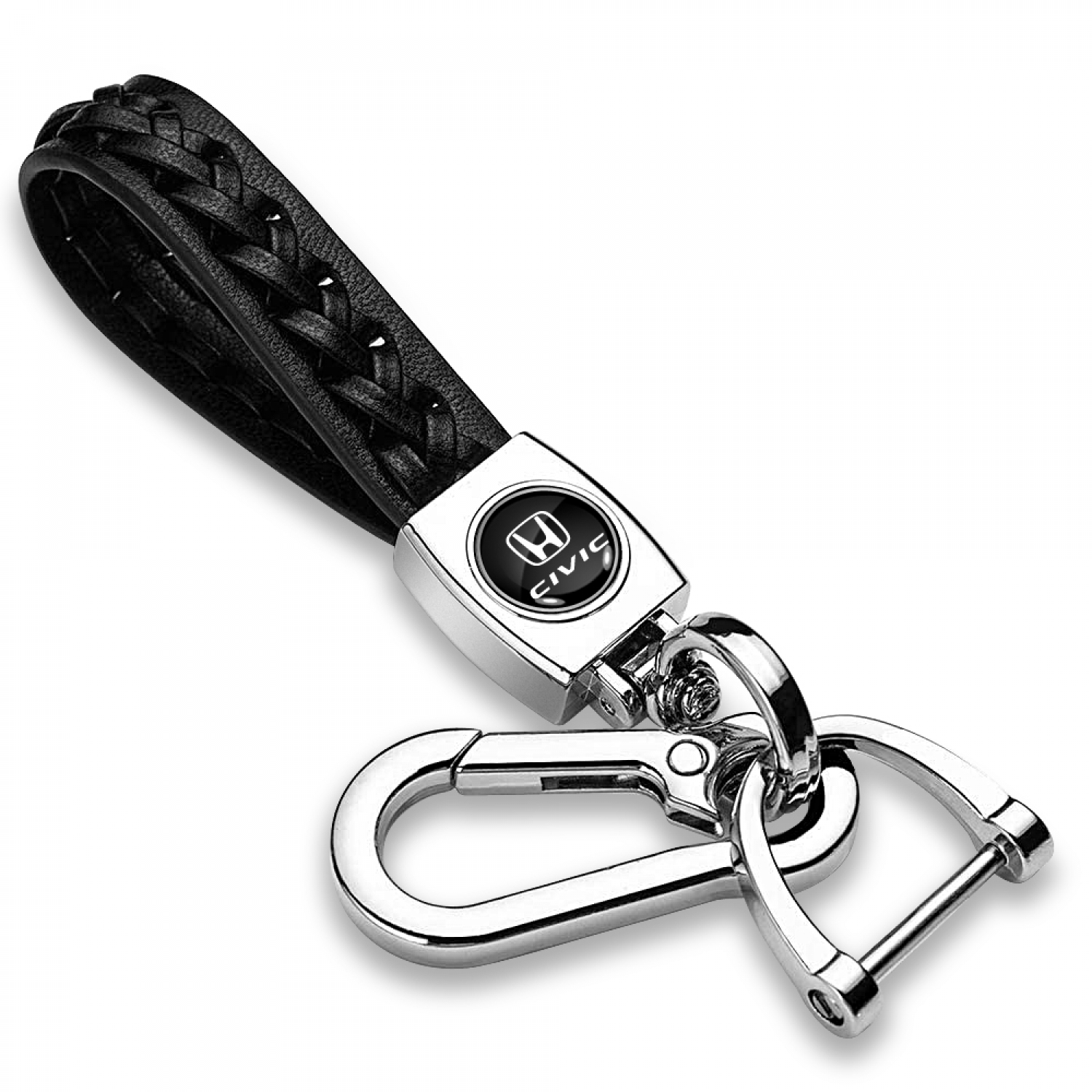 Honda Civic in Black Braided Rope Style Genuine Black Leather Chrome Hook Key Chain