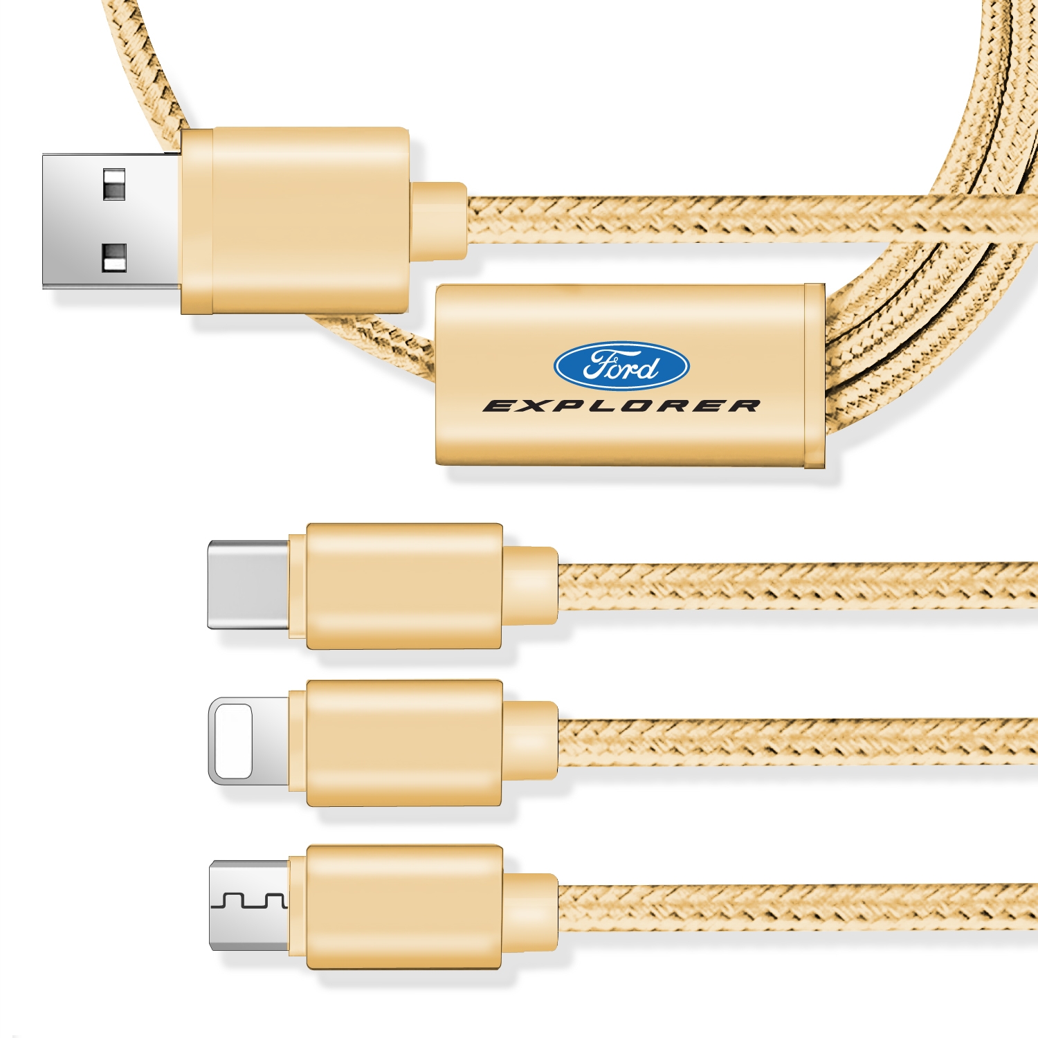 Ford Explorer 3 in 1 Golden 4 Ft Premium Multi Charging Cord USB Cable
